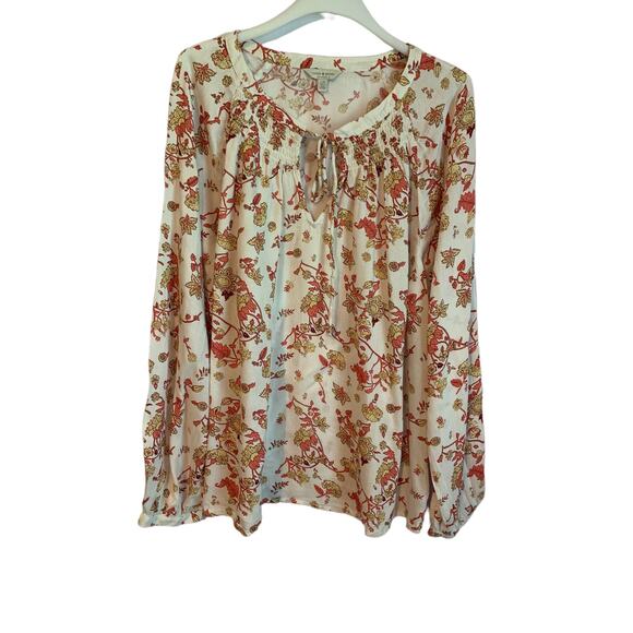 Lucky Brand Cream/Rose Floral Size Large Boho Style Smock Neck L/S Blouse - Picture 1 of 6